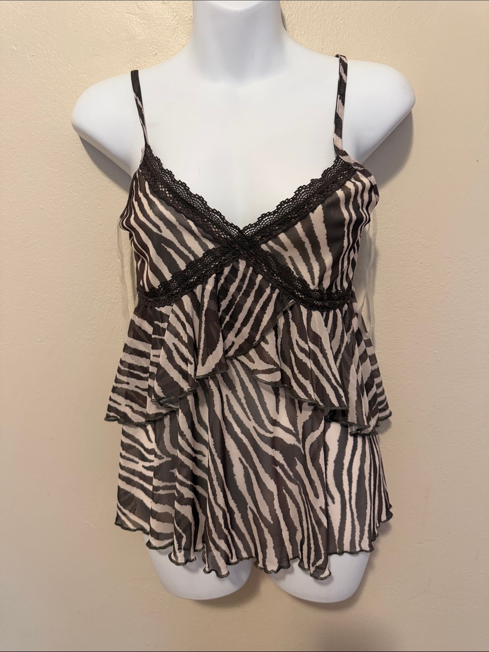 Madden Girl Black and Cream Zebra-Print Tiered Lace Cami